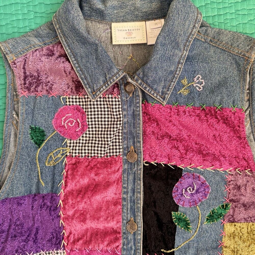 Susan Bristol P L Floral Hand Embroidered Patchwork Denim Vest Y2K 90s Vintage - Picture 7 of 16